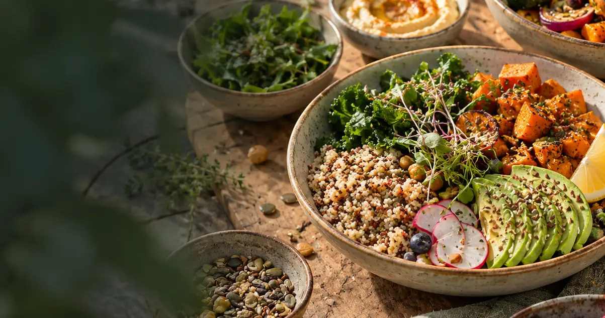 Table dressée de plats végétaux colorés : houmous, légumes rôtis, quinoa, avocat et fruits rouges