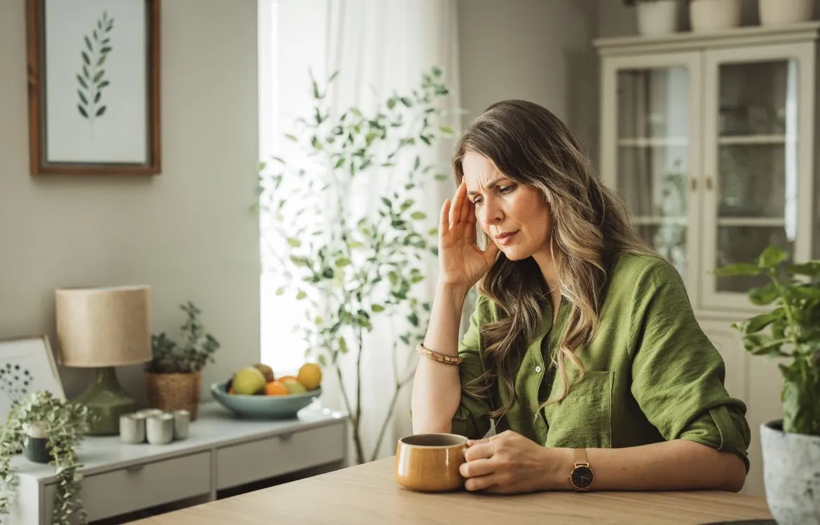 Une femme fatiguée, la main sur le front, devant une tasse de thé