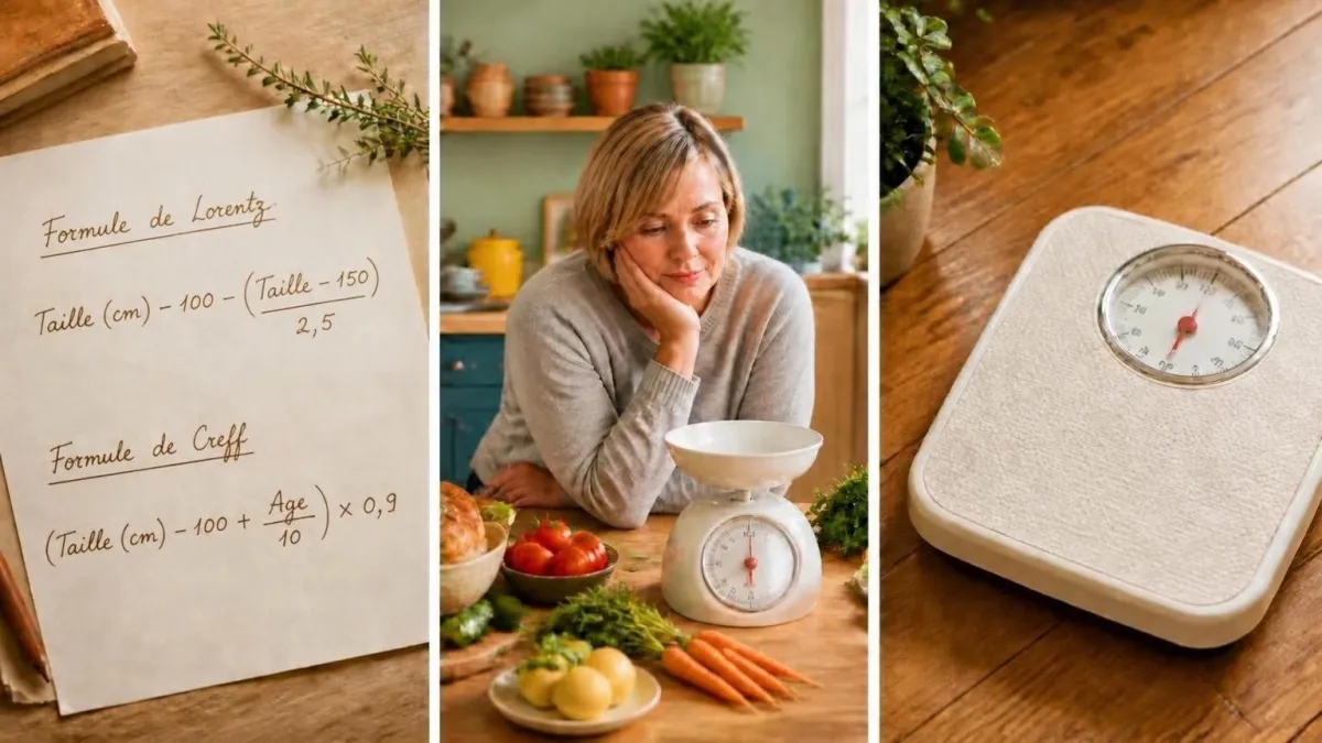 Formules de Lorentz et de Creff écrites à la main, une femme pensive devant une balance de cuisine, un pèse-personne