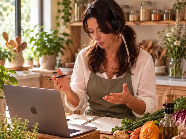 Frédérique Barral anime un atelier à distance depuis sa cuisine, ordinateur ouvert