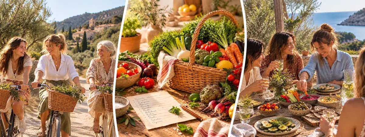 Retrouver la forme sans régime : balade à vélo, panier du marché, repas équilibré entre amies